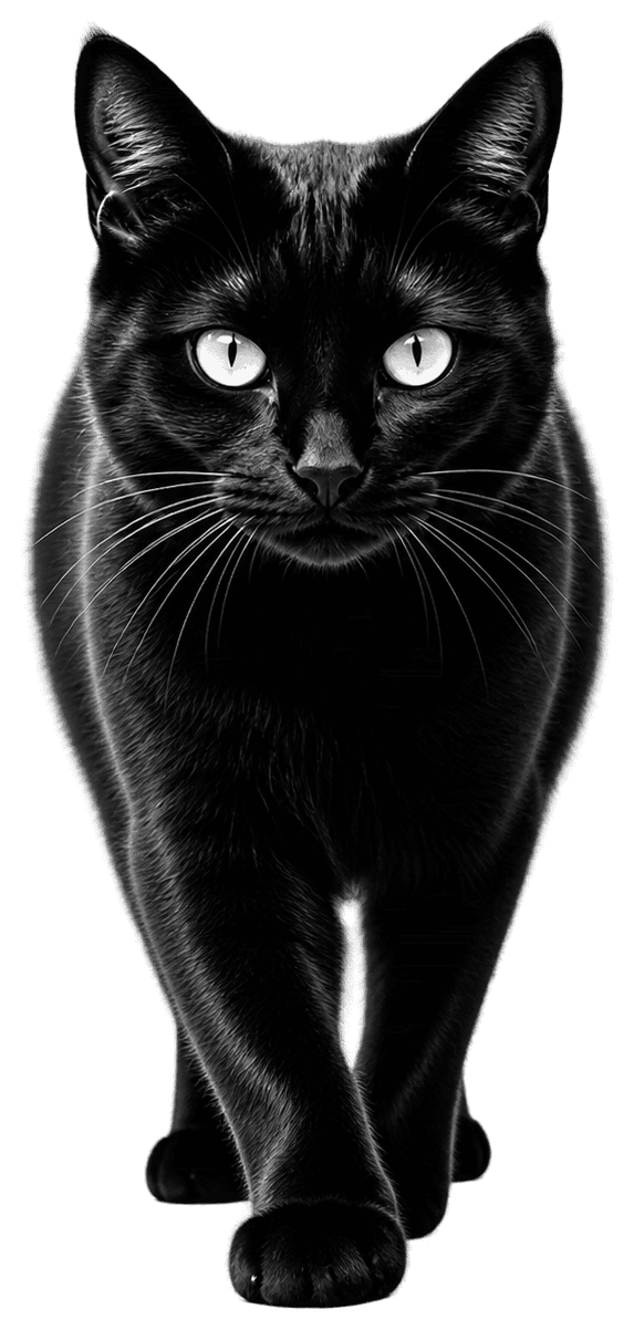 A black cat, seated and watching, on a bone-white studio ground.